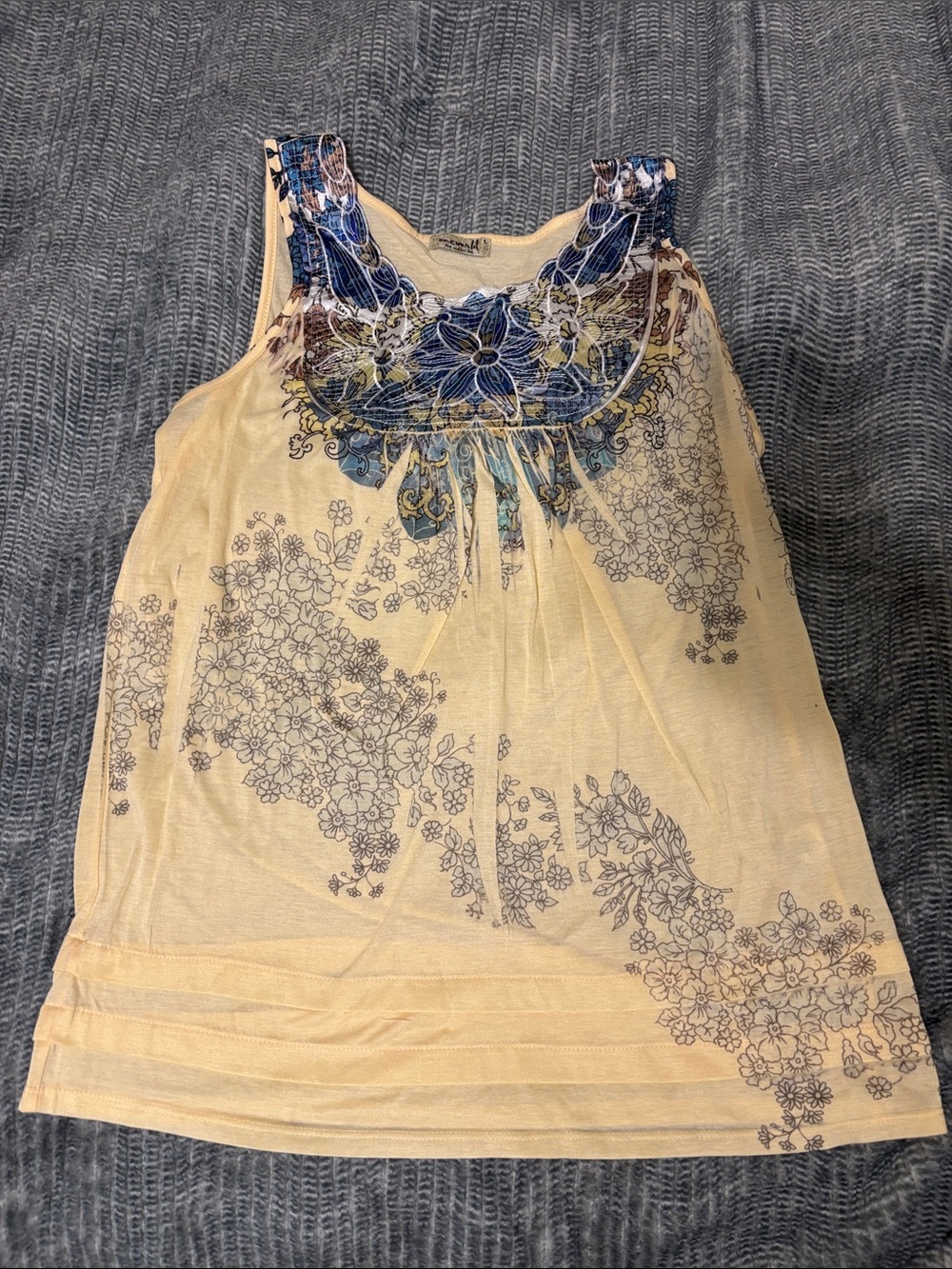 ONE WORLD pale yellow Tank Top with Blue Floral Yoke